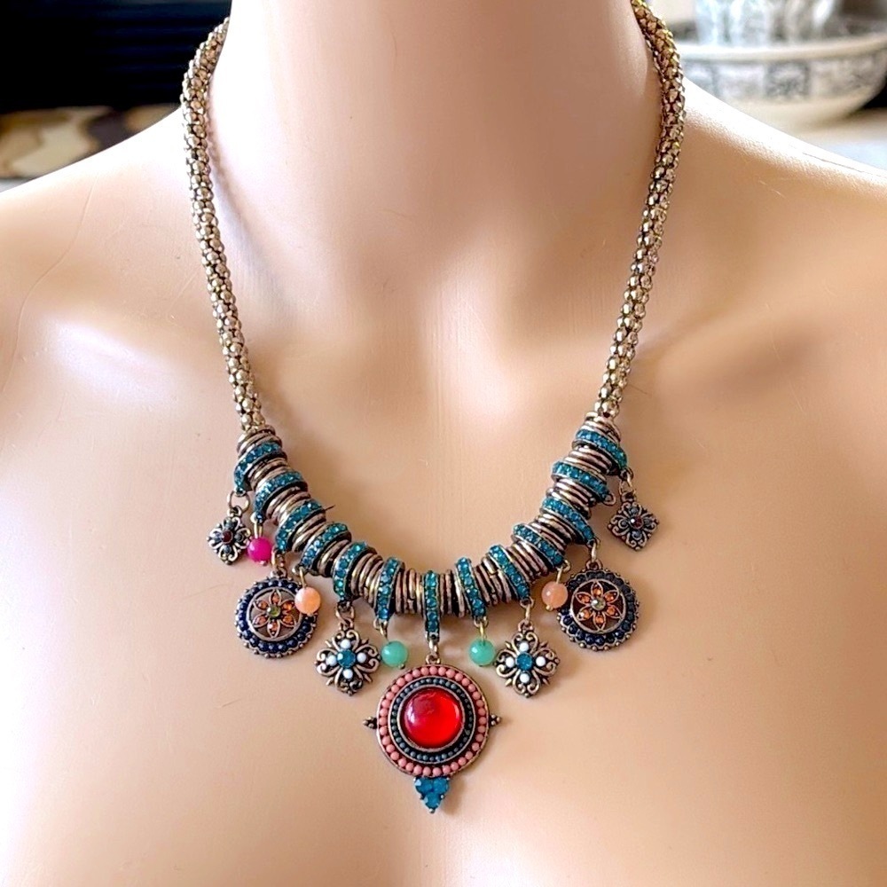 Bohemian Multicolor Brass Pendants Beaded Rhinestone Ethnic Gypsy Necklace